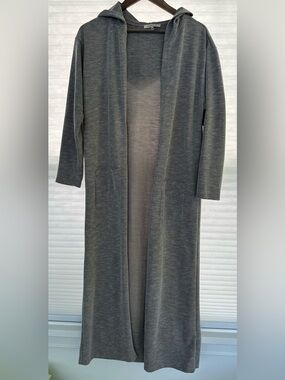 Cozy Casual Brown Heather Gray Ribbed Hooded Maxi Duster Cardigan Size